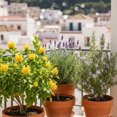 Assortment of Mediterranean plants in terracotta pots on a sunny balcony