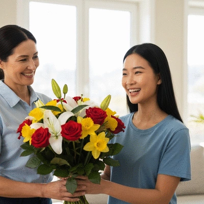 Personne recevant un bouquet de fleurs fraîches livré à domicile, avec un sourire de satisfaction