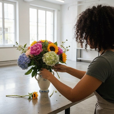 Artisan fleuriste arrangeant un bouquet de fleurs fraîches dans un atelier lumineux à Marseille