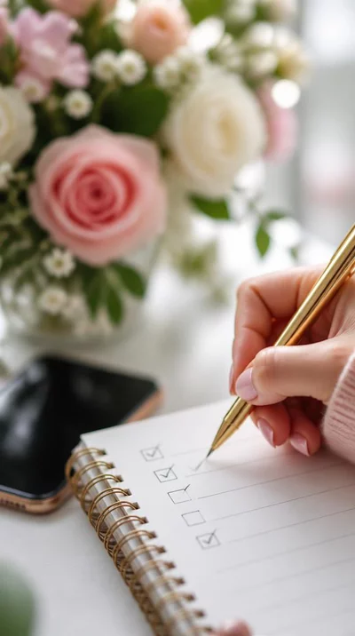 Gros plan d'une main cochant une liste sur un carnet, avec des fleurs et un smartphone en arrière-plan flou, symbolisant la préparation d'une commande de fleuriste.