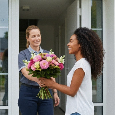 Woman receiving a beautiful bouquet of fresh flowers at her doorstep with a happy smile