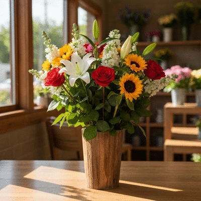 Beautiful fresh flowers arranged in a vibrant bouquet on a wooden table, in a local florist shop, natural light, no text, no words, no typography, no labels, clean image