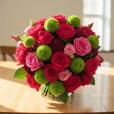 Bouquet de fleurs avec des roses rouges cerises, des fleurs vertes pomme et des notes de marron moka mousse, dans un style maximaliste, sur une table en bois clair, lumière naturelle, no text, no words, no typography, 8K