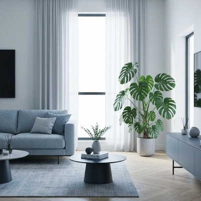 Modern living room with a large Monstera plant, minimalist decor, natural light, no text, no words, no typography, clean image