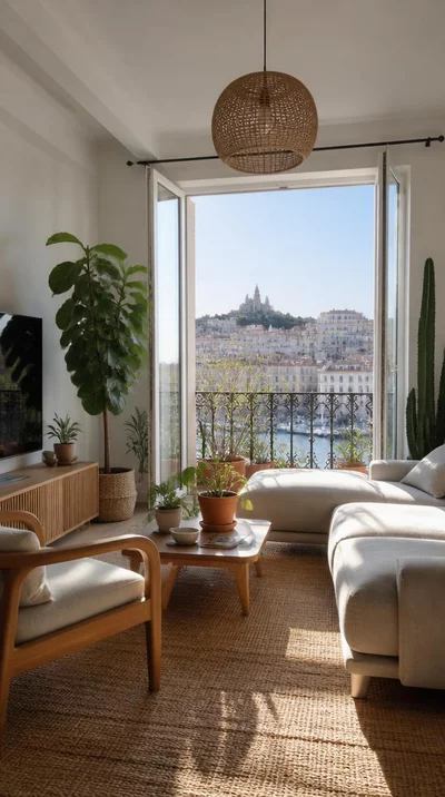 Modern living room with various indoor plants, natural light, no text, no words, no typography