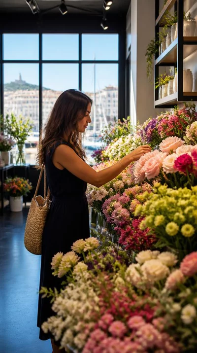 Person choosing flowers in a modern flower shop in Marseille