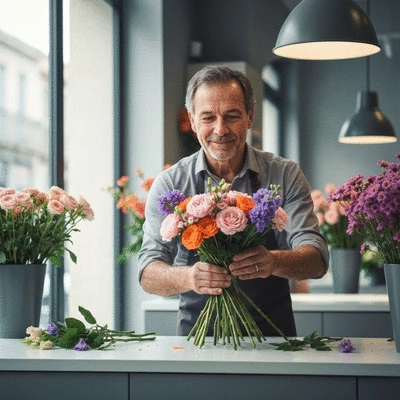 Experienced florist arranging a beautiful bouquet in a modern flower shop in Marseille