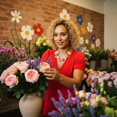 Main d'un fleuriste local pr&eacute;parant un bouquet avec des fleurs de saison, accentuant l'&eacute;coresponsabilit&eacute;