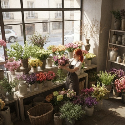 Artisan fleuriste arrangeant un bouquet de fleurs fraîches avec passion à Marseille