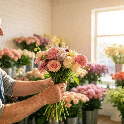 Person arranging a custom bouquet of flowers in a florist shop