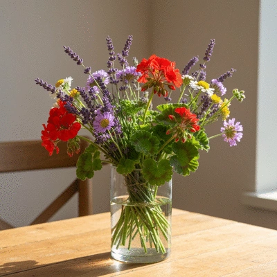 Bouquet de fleurs fraîches colorées, style méditerranéen, dans un vase sur une table en bois, lumière naturelle, ambiance chaleureuse, no text, no words, no typography, no labels, clean image, 8K