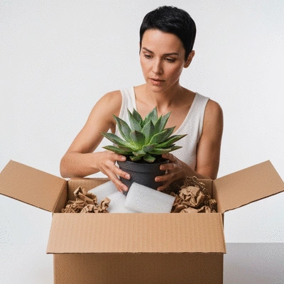Woman carefully placing a potted plant into a delivery box with packing materials