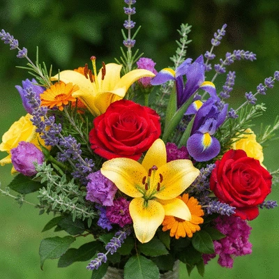 Gros plan sur un bouquet de fleurs avec des plantes aromatiques et médicinales, mettant en valeur la fraîcheur et la diversité.