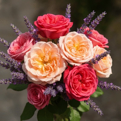 Beautiful bouquet of local Provençal roses and lavender, with no text, no words, no typography, no labels, clean image