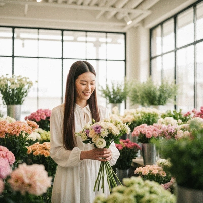 Woman choosing flowers in a bright, modern flower shop