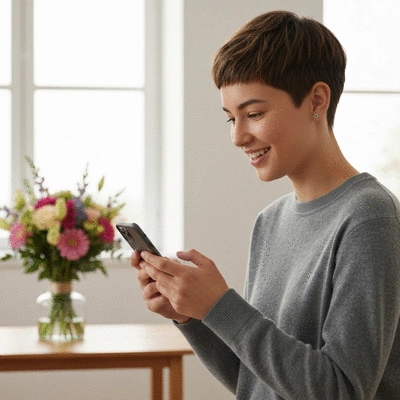 A person checking a delivery tracking app on a smartphone, with a bouquet of flowers in the background, clean image, no text