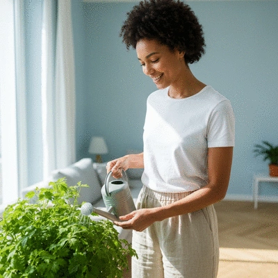 Personne arrosant une plante d'intérieur dans un salon lumineux