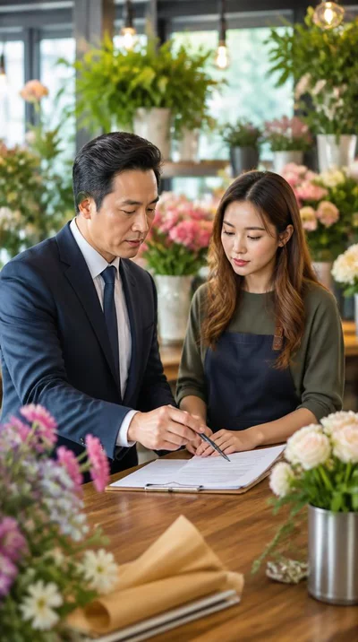 Insurance agent explaining policy details to a florist in a flower shop setting
