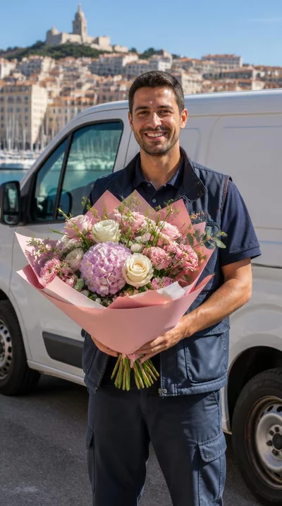 Un livreur de fleurs à Marseille, tenant un bouquet