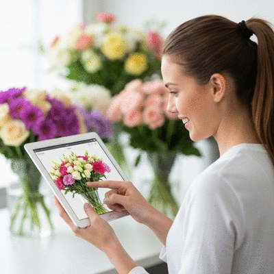 Personne sélectionnant des fleurs sur un site web sur une tablette, avec des bouquets colorés en arrière-plan