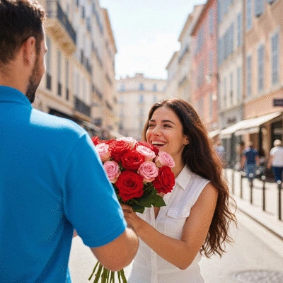Woman happily receiving a bouquet of flowers from a delivery person