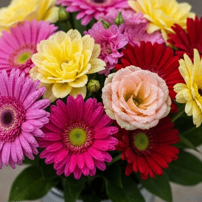 Gros plan sur un bouquet de fleurs de saison vibrantes, mettant en valeur la fraîcheur et la qualité.