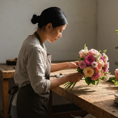 Artisan fleuriste composant un bouquet personnalisé avec des fleurs fraîches
