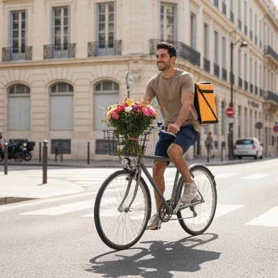 Livreur de fleurs à vélo dans les rues de Marseille, bouquet coloré dans un panier avant, soleil, style lifestyle, no text, no words, no typography, no labels, clean image