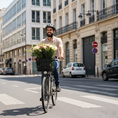 Livreur de fleurs à vélo traversant une rue animée de Marseille, avec des fleurs bien protégées dans un panier