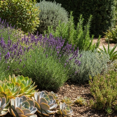 Variety of drought-resistant plants in a sunny Mediterranean garden