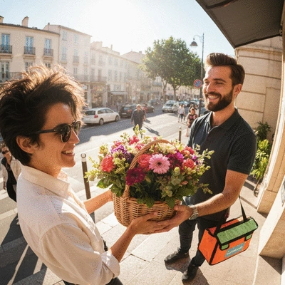 Personne souriante recevant un bouquet de fleurs fraîches livré à domicile à Marseille