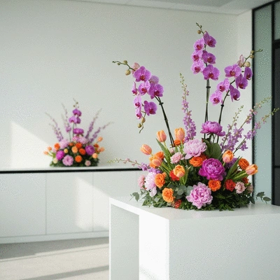 Fleurs colorées dans un bureau moderne pour un événement professionnel