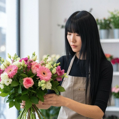 Fleuriste composant un bouquet avec des fleurs fraîches de saison à Marseille
