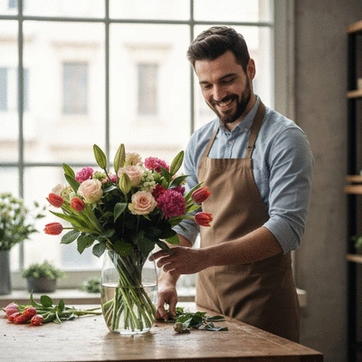 Fleuriste local à Marseille préparant un bouquet de fleurs fraîches avec soin