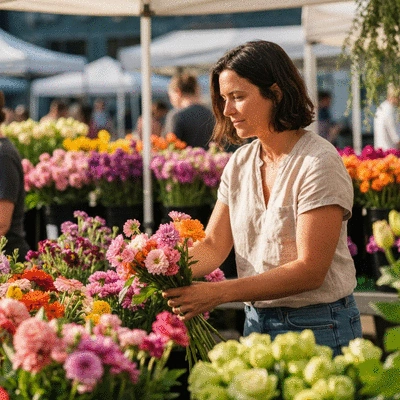 Person choosing fresh flowers at a market stall, vibrant colors, natural light