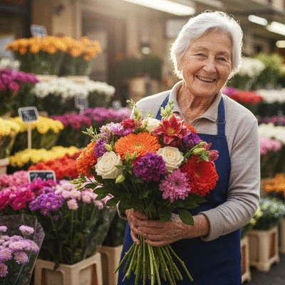 Gros plan sur une fleuriste souriante tenant un bouquet de fleurs fraîches et colorées dans un marché de fleurs local à Marseille, ambiance joyeuse