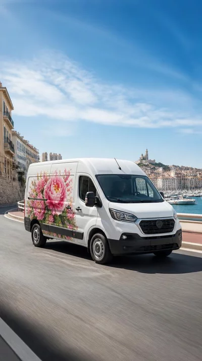 Camionnette de livraison de fleurs express à Marseille, conduisant rapidement à travers la ville