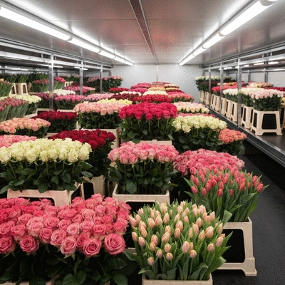 Fleurs fraîches dans une chaîne du froid, avec des roses et des tulipes colorées