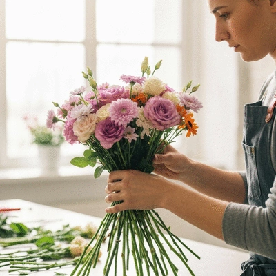 Artisan fleuriste créant un bouquet avec des fleurs fraîches dans un atelier lumineux.