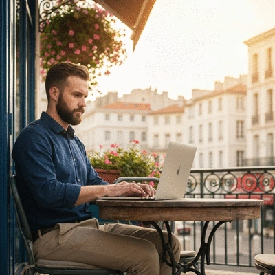 Personne utilisant un ordinateur portable dans un café à Marseille, avec des fleurs en arrière-plan