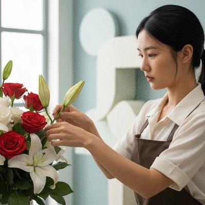 Close-up of a florist's hands arranging a beautiful flower bouquet, soft natural light