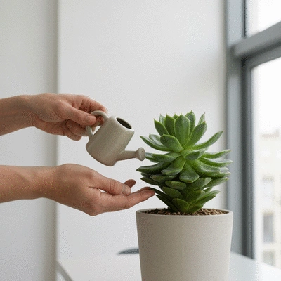 Close-up of hands watering a houseplant with a small watering can in a bright, modern interior in Marseille, no text, no words, no typography, 8K