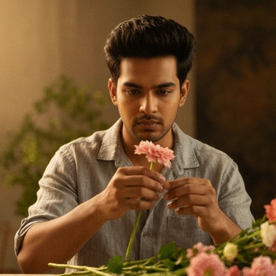 Person arranging a custom floral bouquet, focusing on specific flower choices and colors