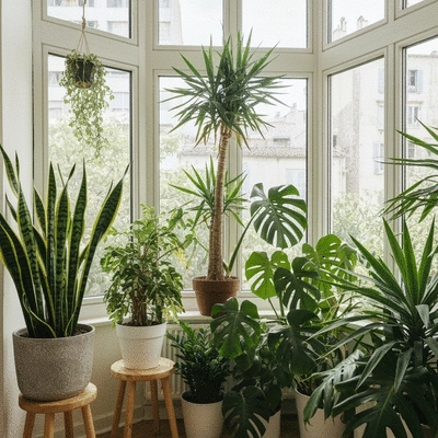 Assortment of tropical houseplants thriving in a bright, sunny room in Marseille, no text, no words, no typography, 8K