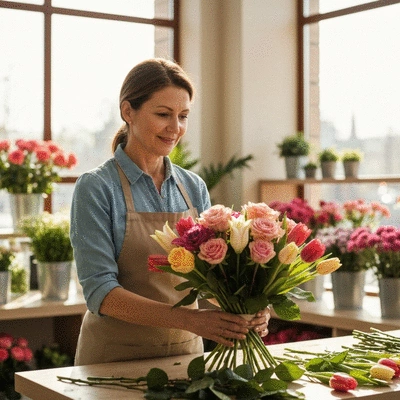 A florist arranging a fresh, vibrant bouquet in a local flower shop, showcasing quality and craftsmanship