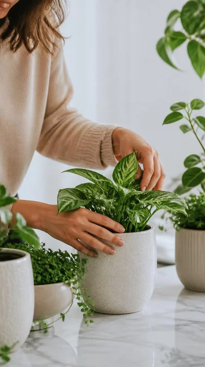 Person arranging indoor plants in a modern home, natural light, no text, no words, no typography