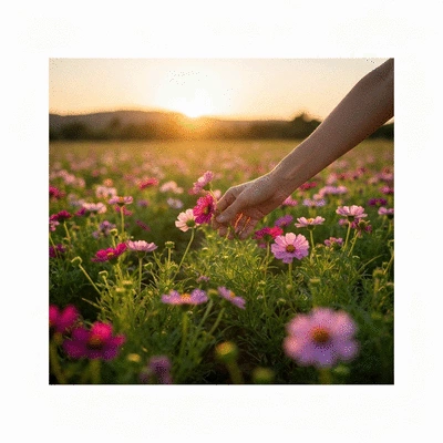 Une main cueillant des fleurs colorées dans un champ biologique à Marseille, avec le soleil couchant en arrière-plan, symbolisant un choix éthique et durable