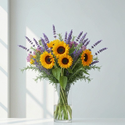 Un bouquet de fleurs fraîches dans un vase placé dans une pièce fraîche et lumineuse, à l'abri de la lumière directe du soleil, ambiance méditerranéenne