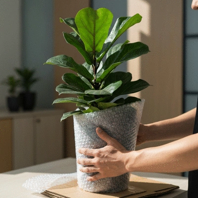 Close-up of hands carefully wrapping a potted plant in protective packaging materials