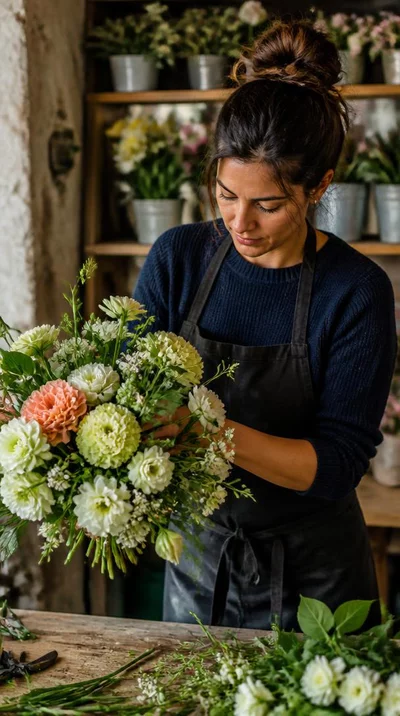 Fleuriste local préparant un bouquet de fleurs avec des fleurs de saison à Marseille